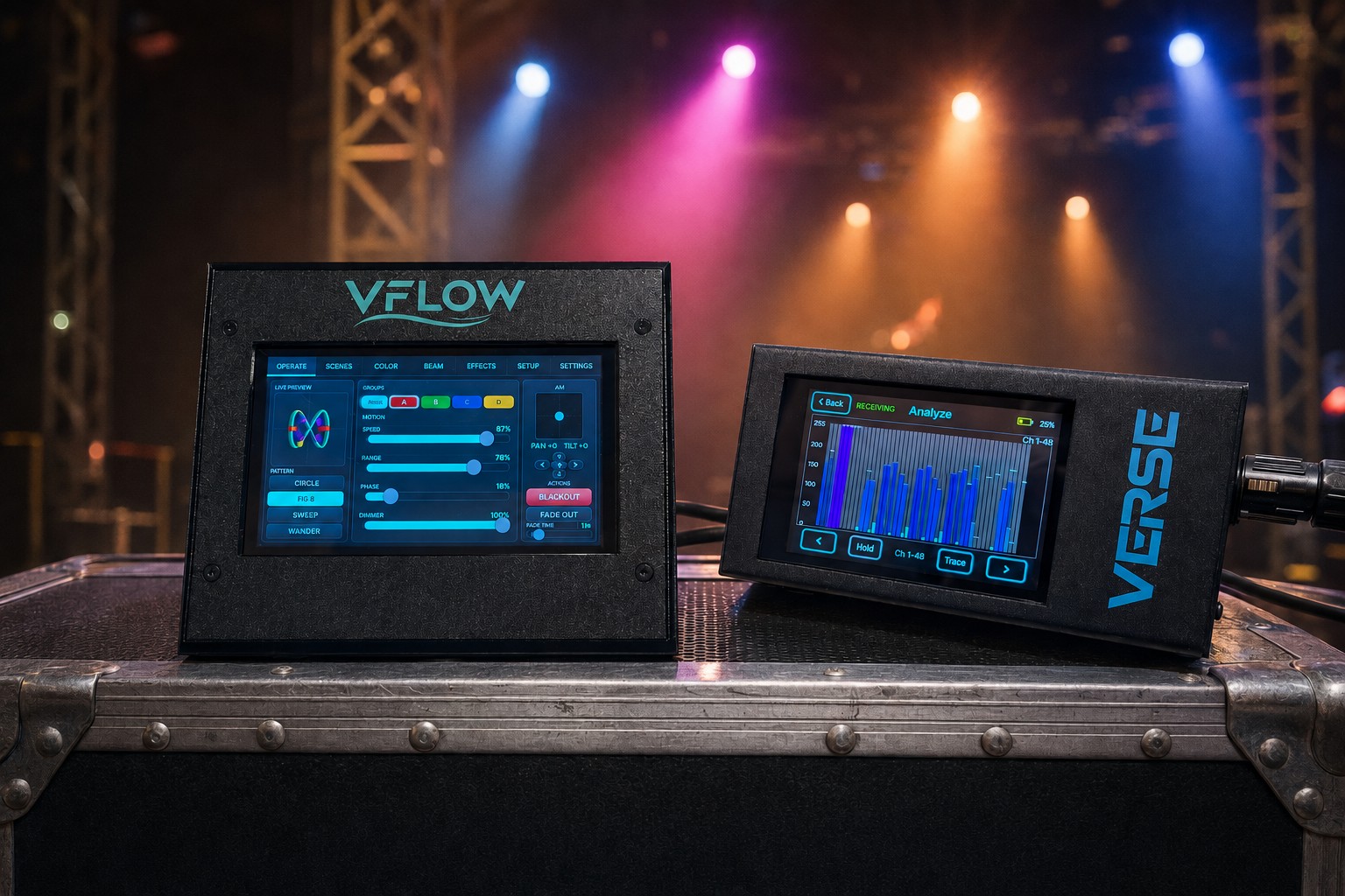 VERSE and VFLOW side by side on a road case, on stage
